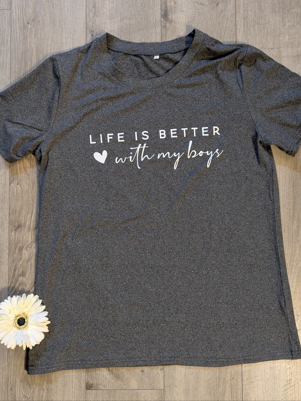 WOMENS "LIFE IS BETTER WITH MY BOYS" HEATHER GRAY GRAPHIC TEE - SIZE M
